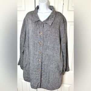 FLAX 100% Linen Chore Coat Barn Jacket Gray Lagenlook Pockets Collared Plus Size